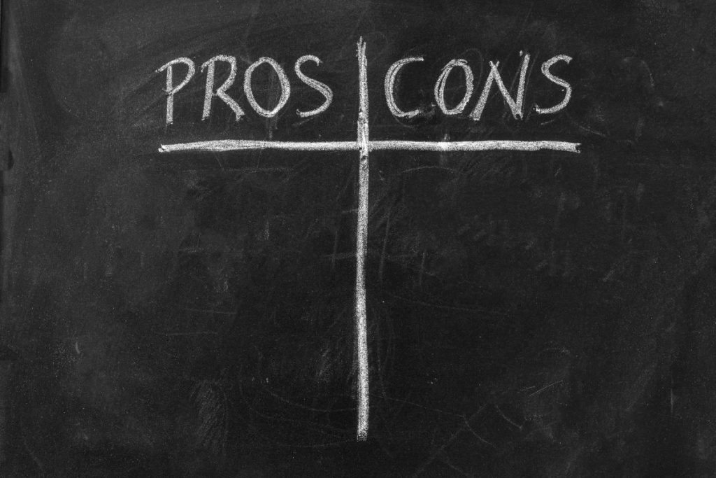Pros contra cons concept. Empty list on chalkboard background, for decision making at business, school. Analysis and comparison between negative positive, success choice.