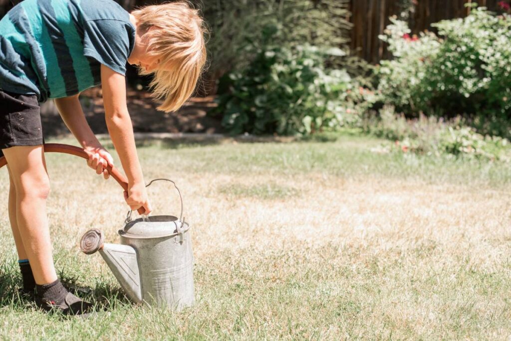 Blond boy standing in a garden, filling a watering can from a garden hose.