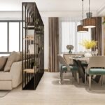 3d rendering loft luxury living room with shelf near dining table