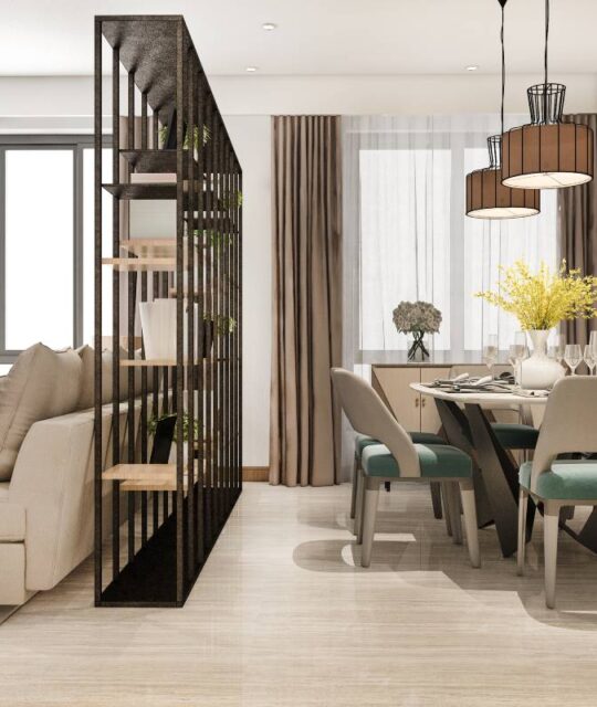 3d rendering loft luxury living room with shelf near dining table