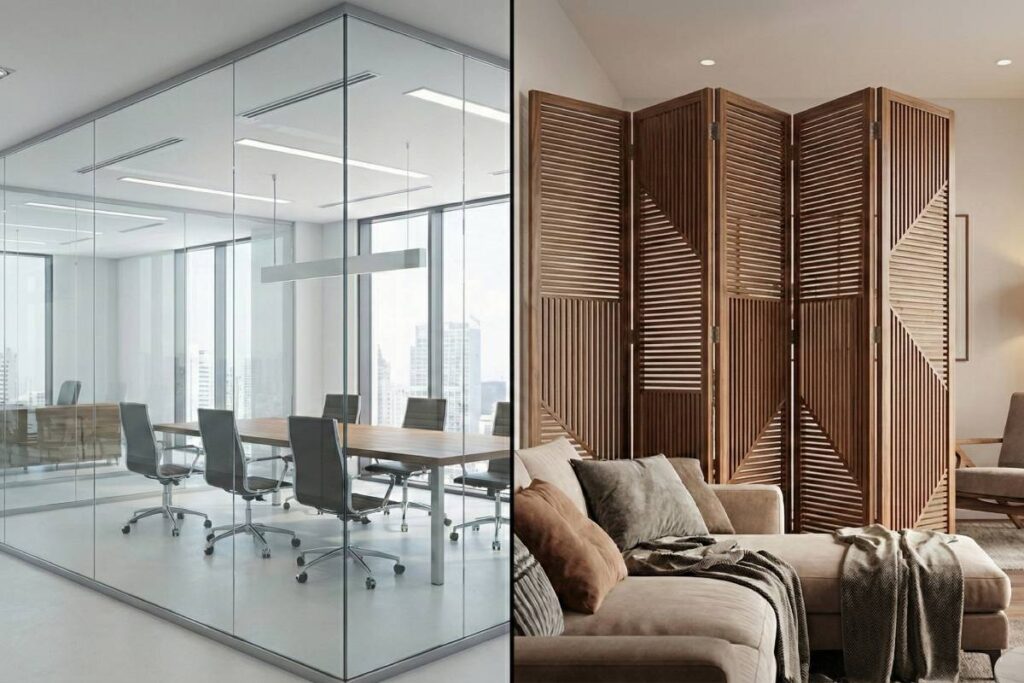 Comparison graphic showing a fixed glass partition versus a portable room divider