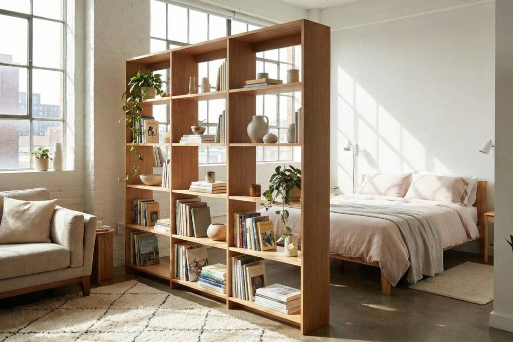 Open shelving unit acting as a room divider in a small living space