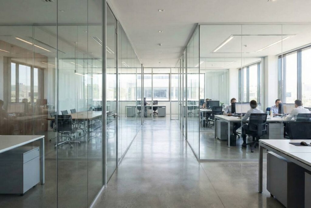 Soundproof glass partition walls enclosing a conference room