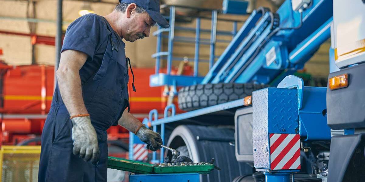 Profile photo of serious man that bowing his head while looking at case with instrument, being in workshop